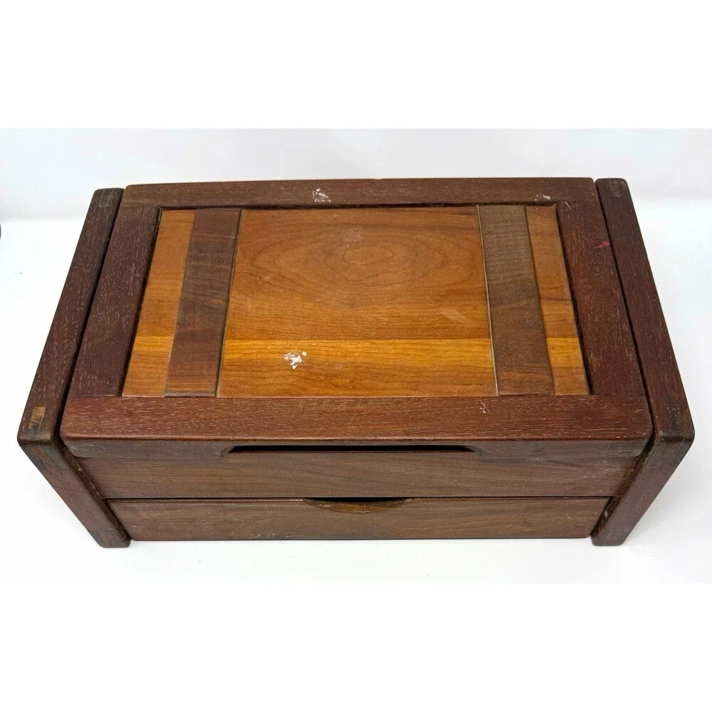 Wood Rectangle Jewelry Box Orange Felt Lined Brass Hinges Holds 25+ Pieces